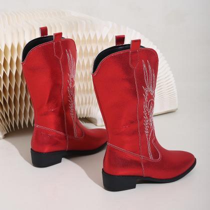 Red Wide Fit Chunky Heeled Mid Calf Boots
