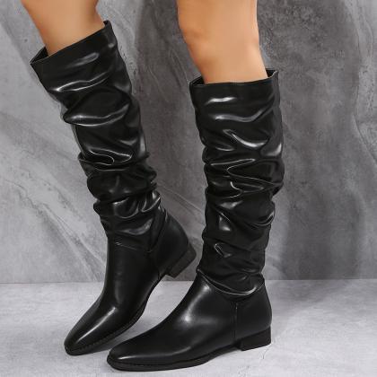 Polish Pu Leather Slouchy Knee Length Boots