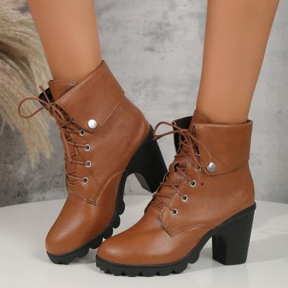 Leather-look Lace Up Front Chunky Heel Ankle Boots