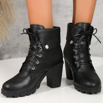 Leather-look Lace Up Front Chunky Heel Ankle Boots