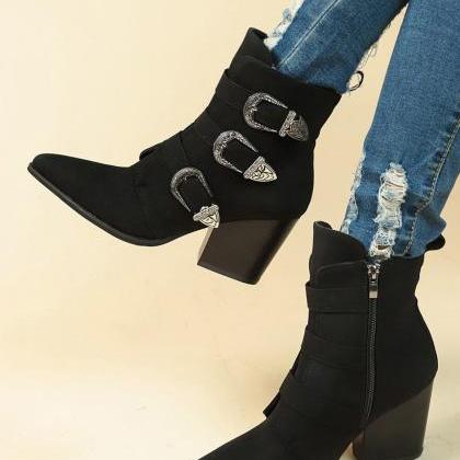 Buckle Detailed Black Block Heel Women Ankle Boots
