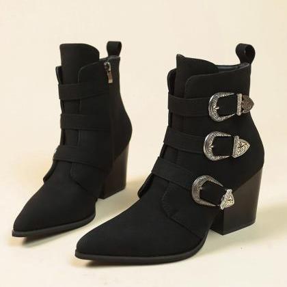 Buckle Detailed Black Block Heel Women Ankle Boots