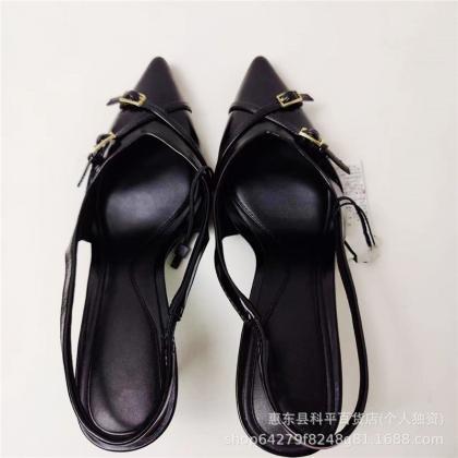 Black Slingback Middle Heels Women Sandals