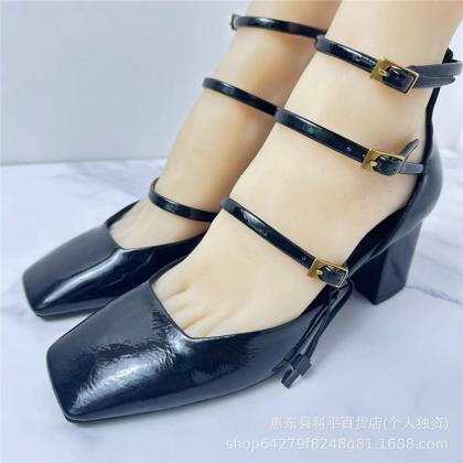 Square Toe Ankle Strap Black Shoes