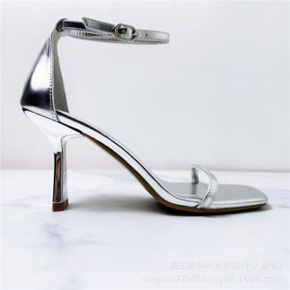 Square Toe Ankle Strap Sandals In Silver