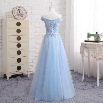 Off Shoulder Blue Floor Length Long Pageant Dress..