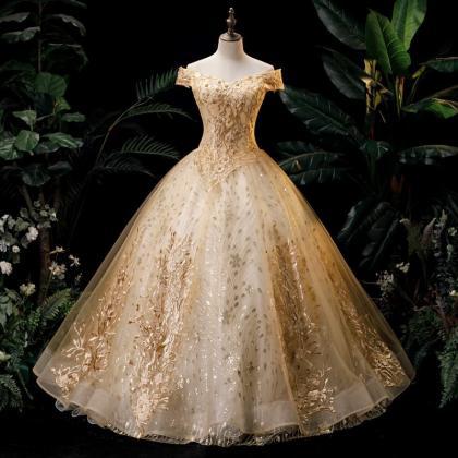 Off Shoulder Gold Ball Gown Pageant Dress Evening..