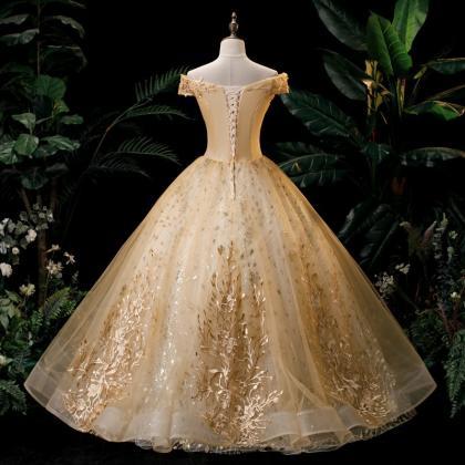 Off Shoulder Gold Ball Gown Pageant Dress Evening..