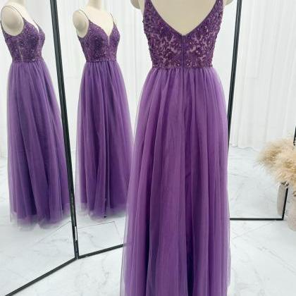 Spaghetti Straps Floor Length Purple Prom Dress..