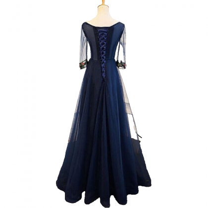 Half Sleeves Navy Long Formal Occasion Dress With..