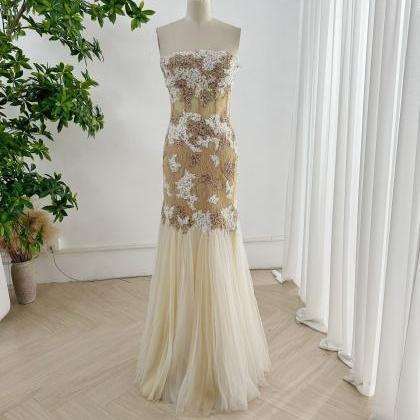 Strapless Sheath Gold Prom Dress with Beaded Appliques