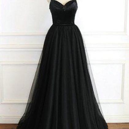 A-line Floor Length Black Tulle Dress Formal..