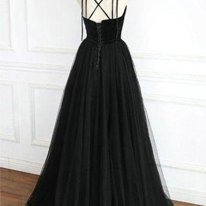 A-line Floor Length Black Tulle Dress Formal..
