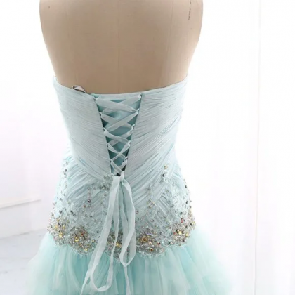 Strapless Ice Blue Lace Tulle Prom Dress Formal..