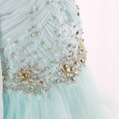 Strapless Ice Blue Lace Tulle Prom Dress Formal..