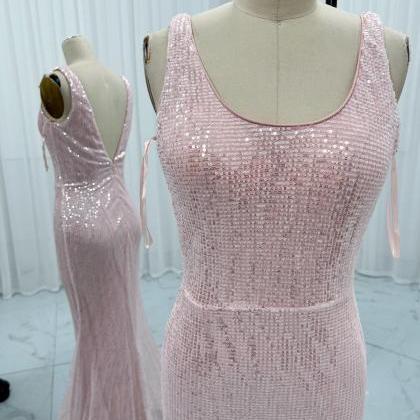 Scoop Neckline Pink Sequin Prom Dress
