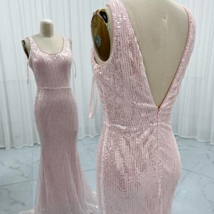 Scoop Neckline Pink Sequin Prom Dress
