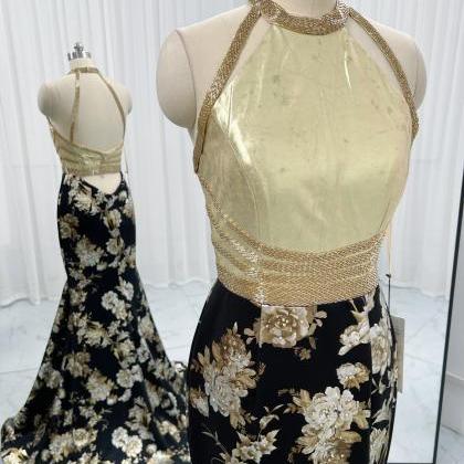 Floral Print Trumpet Prom Dress With Gold Velet..