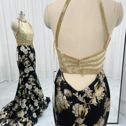 Floral Print Trumpet Prom Dress With Gold Velet..