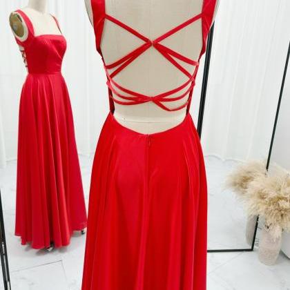 Floor Length Red Long Prom Dress With Strappy Back