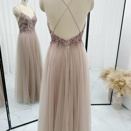 Floor Length Tulle Prom Dress With Beaded Sheer..
