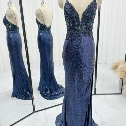 Spaghetti Straps Plunging Neck Navy Sequin Prom..
