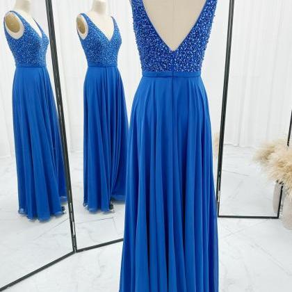 V Neck Royal Blue Long Chiffon Prom Dress With..