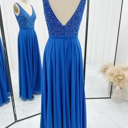V Neck Royal Blue Long Chiffon Prom Dress With..