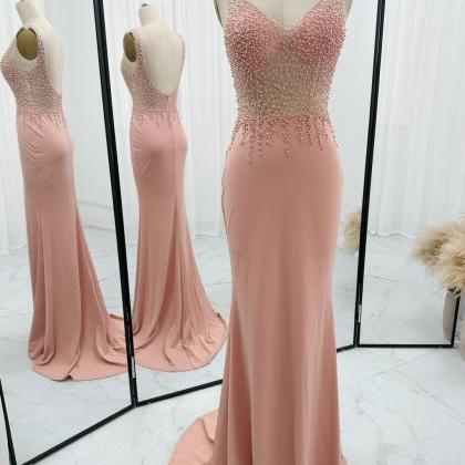Backless Sheath Long Prom Dress With Pears Beads