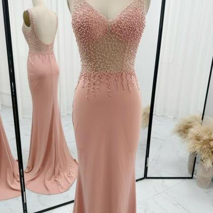 Backless Sheath Long Prom Dress With Pears Beads