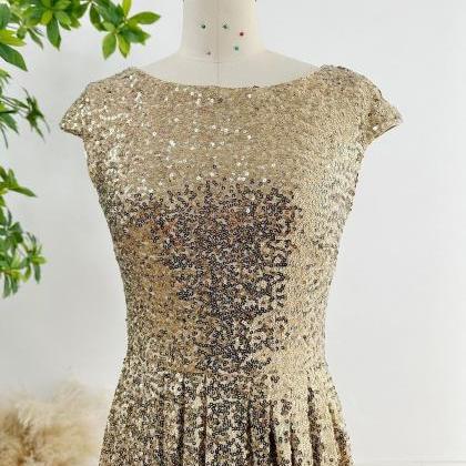 Cap Sleeves Champagne Sequin Short Party Dress..