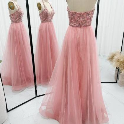 Halter Pink Prom Dress With Beaded Bodice