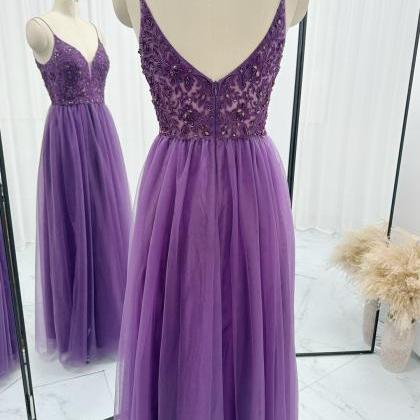 Spaghetti Straps Purple Tulle Prom Dress With..