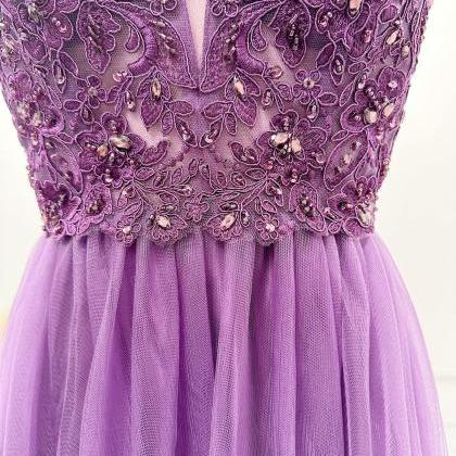 Spaghetti Straps Purple Tulle Prom Dress With..