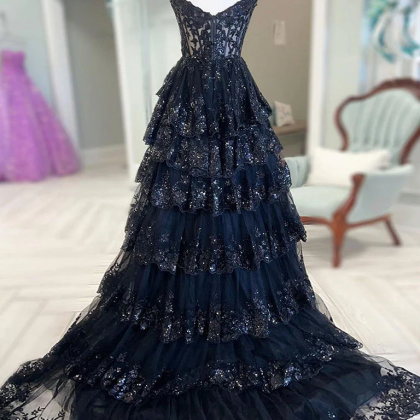 Tiered Black Pageant Dress