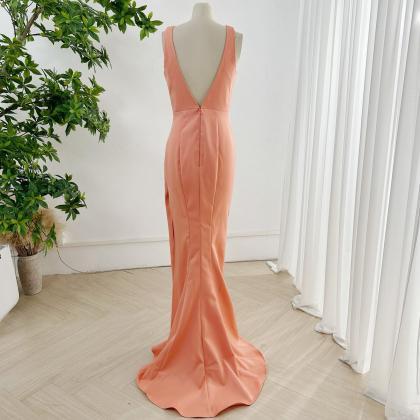 Plunging Neck Satin Sheath Prom Dress With Pleated..