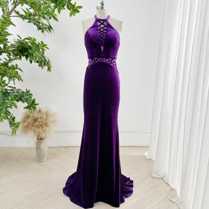 Purple Velvet Sheath Prom Dress Formal Occasion..