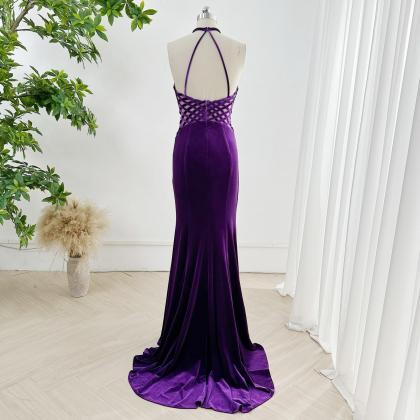 Purple Velvet Sheath Prom Dress Formal Occasion..