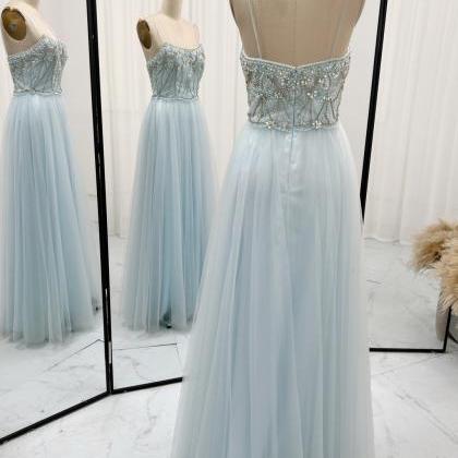 Spaghetti Straps Light Blue Prom Dress