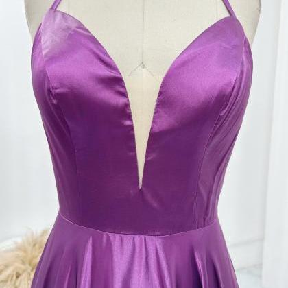 Plunging Neck Purple Prom Dress With Strappy Back