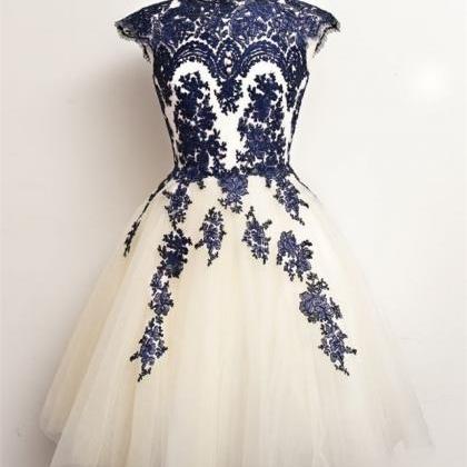 Navy Blue Lace Appliques Over Ivory Tulle Short..
