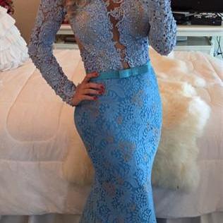 Prom Blue Fit To Flare Long Sleeves Floor Evening..