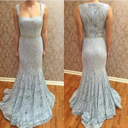 Square Neckline Grey Prom Dress Floor Length Lace..