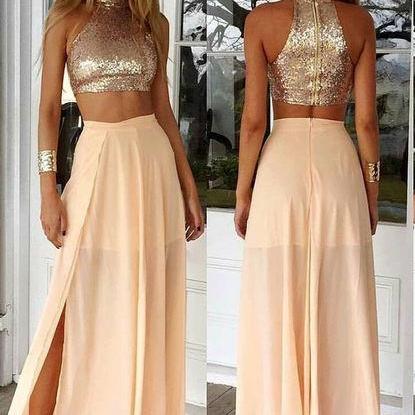 Sequined Top And Chiffon Skirt 2 Pieces Prom Dress