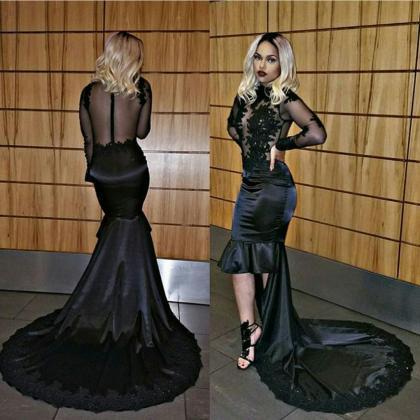 Black Prom Dress Jewel Neckline Long Sleeves High..