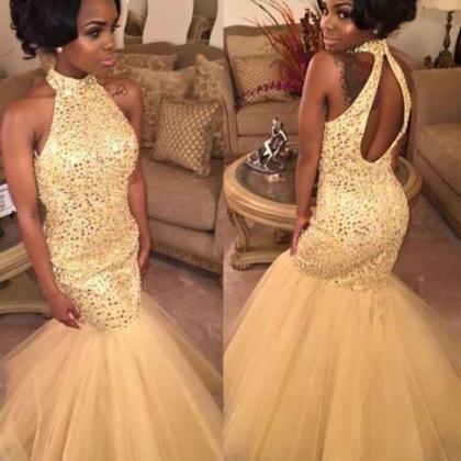 Champagne Halter Mermaid Prom Dress With Keyhole..