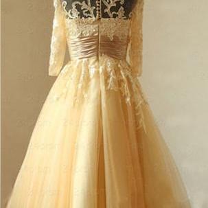 3/4 Long Sleeves Tea Length Lace And Tulle Prom..