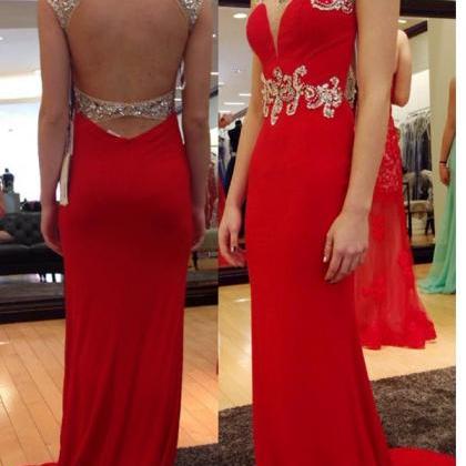 Jewel Neck Open Back Red Trumpet Prom Dress With..