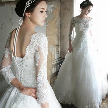 Princess Wedding Dress 3/4 Sleeves Lace-up Back..