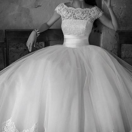 Sheer Lace Neck Wedding Dresses With Cap Sleeves